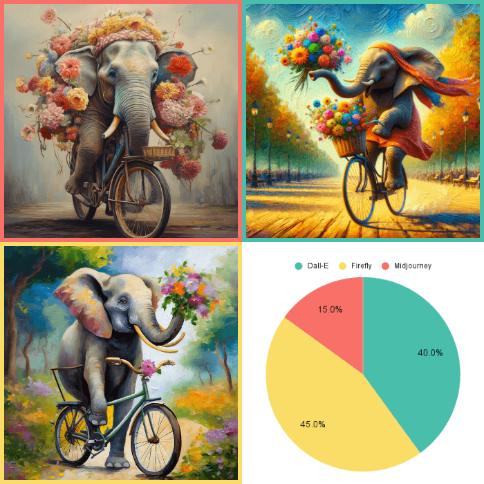 oil painting of an elephant riding a bicycle holding flowers in his trunk