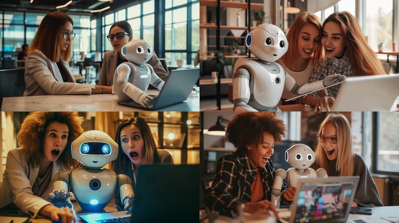 Output from Midjourney, 4 options for the prompt "two women and a small futuristic white robot doing work for them on a laptop, one woman is delighted with the robot, the other is horrified, a natural looking photograph in an office setting --ar 16:9 --v 6.0"