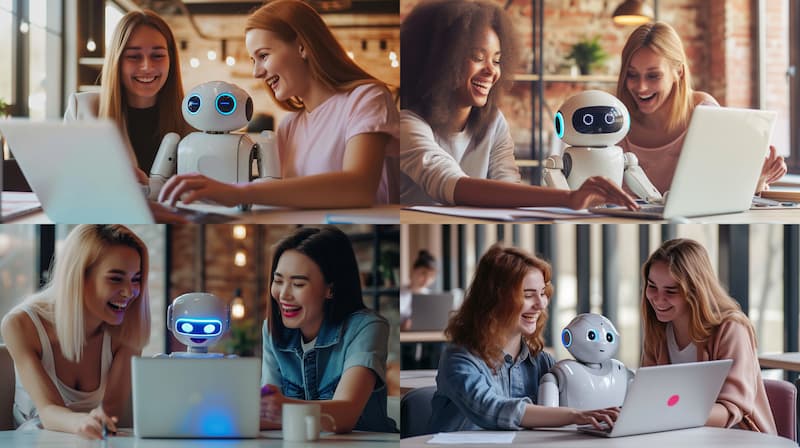 Output from Midjourney, 4 image options for the prompt "two women and a small futuristic white robot doing work for them on a laptop. Woman 1, on the left, has a huge smile on her face. Woman 2, on the right, is crying. The robot, in the middle, has a neutral expression. A natural looking photograph in an office setting --ar 16:9 --v 6.0"