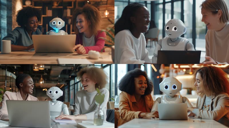Output from Midjourney, 4 image options for the prompt "two women and a small futuristic white robot doing work for them on a laptop. 40-year-old black woman, on the left, has a huge smile on her face. 40-year-old caucasian woman, on the right, is crying. The robot, in the middle, has a neutral expression. In a modern and minimalist office setting. Taken with a Sony ZV-1 at 50mm focal length --ar 16:9 --v 6.0"