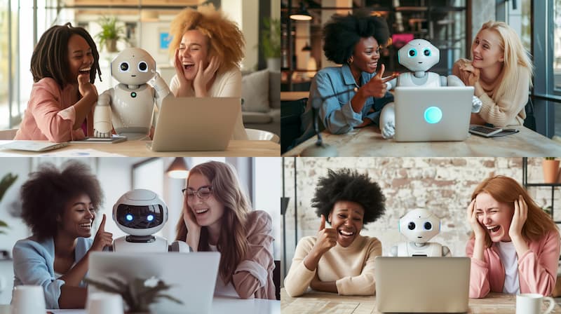 Output from Midjourney, 4 image options for the prompt "two women and a small futuristic white robot doing work for them on a laptop. 40-year-old black woman, left, huge smile on her face and giving the thumbs up sign. 40-year-old caucasian woman, right, crying with her hands on her head. The robot, in the middle, has a neutral expression. In a modern and minimalist office setting. Taken with a Sony ZV-1 at 50mm focal length --ar 16:9 --v 6.0"