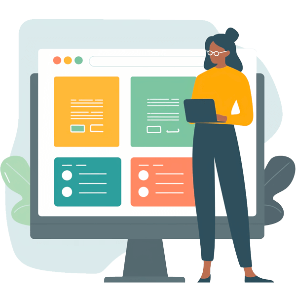 shortcut-600 business woman with a laptop standing next to a webpage. fun and whimsical editorial vector style illustration on a plain white background