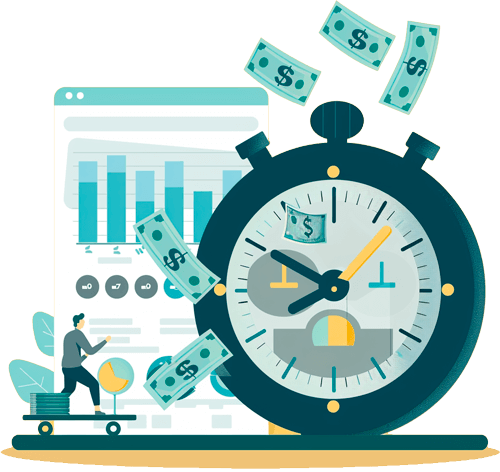 time-and-money-2-500 a big stopwatch with money floating all around it, fun and whimsical editorial vector style illustration on a plain yellow background
