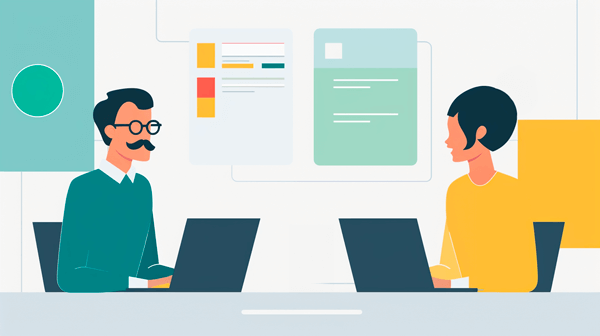 a caucasian man and woman working facing each other on their laptops. The man has a moustache and glasses. The woman is young and slender and stylish and has a short asymmetrical hairstyle. Fun and whimsical editorial vector style illustration on a plain white background
