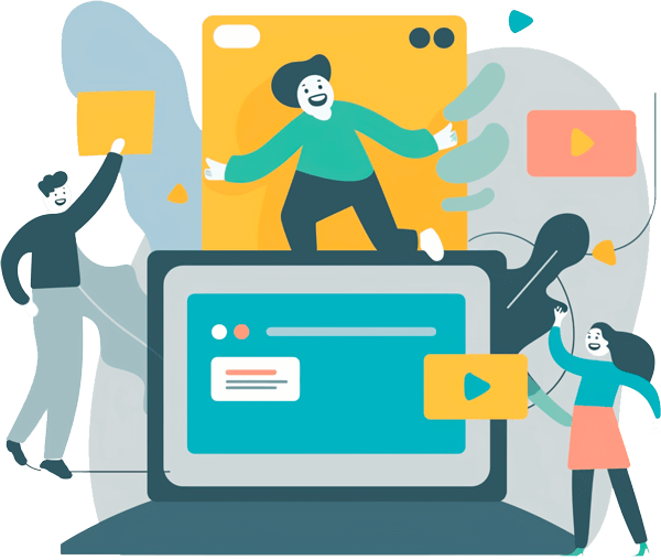 website-working-600 laptop surrounded by people, fun and whimsical editorial vector style illustration on a plain white background