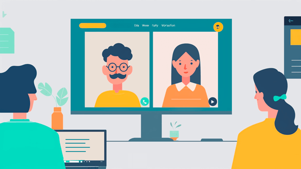 Zoom call with a caucasian man and woman. The man has a moustache and glasses. Fun and whimsical editorial vector style illustration on a plain white background