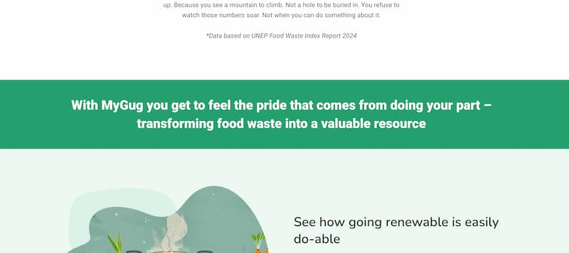 Screenshot of a green banner with bold white text reads: "With MyGug you get to feel the pride that comes from doing your part – transforming food waste into a valuable resource."