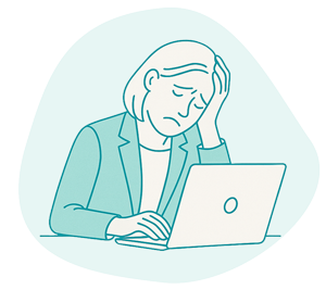 B-not-working-shape Minimalist teal line drawing of a woman in a blazer sitting at a laptop, looking stressed with her head resting on one hand.