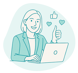 B-working-shape Minimalist teal line drawing of a woman smiling confidently at her laptop, giving a thumbs-up, with thumbs-up and heart icons floating around her.