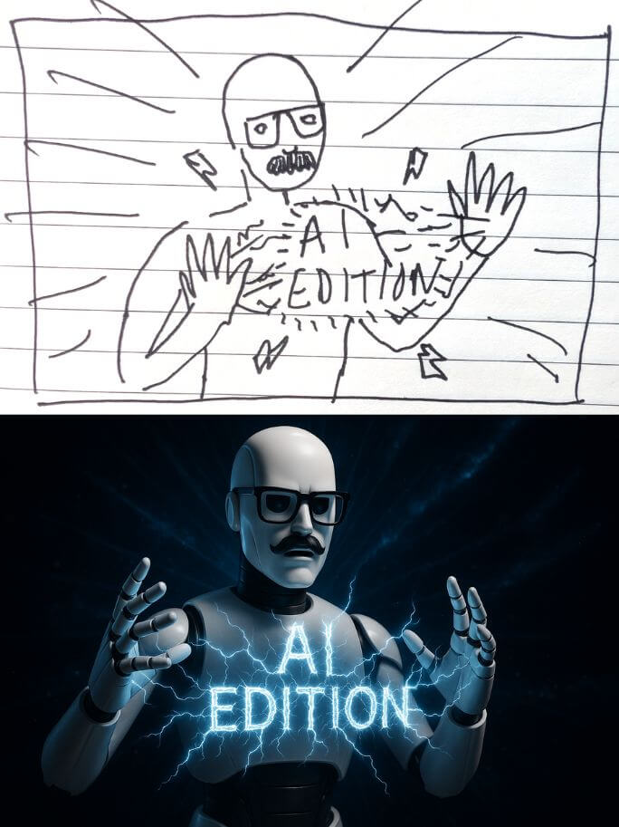 Two-panel image showing a concept sketch and a finished AI-generated version of a robotic character.
Top panel: a hand-drawn sketch on lined paper of a humanoid figure with glasses and a moustache, pulling open their chest to reveal the glowing words "AI EDITION" with lines suggesting energy or power.
Bottom panel: a highly detailed, AI-generated 3D rendering of a robot with a similar look—black glasses, a moustache, and glowing electric energy around the words "AI EDITION" on its chest, set against a dark, dramatic background.