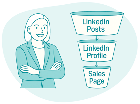 alignment-450-b Illustration of a confident businesswoman standing beside a marketing funnel diagram showing LinkedIn posts flowing to a LinkedIn profile and then to a sales page, with all funnel sections having a 3D effect.