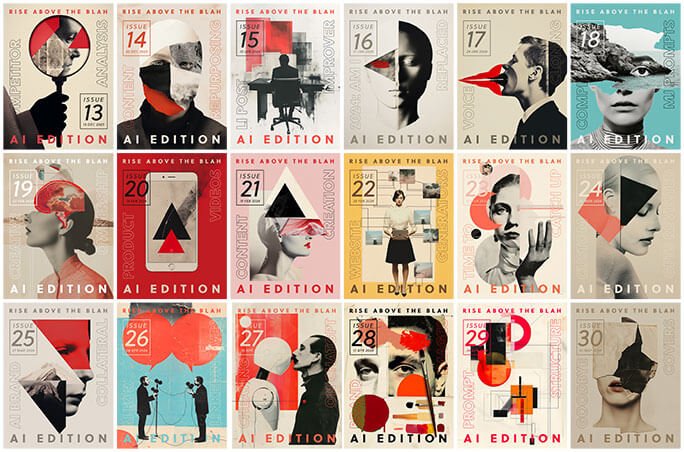 A collage of 20 stylised magazine or newsletter covers titled AI Edition, each labelled with “Rise Above the Blah” at the top and a unique issue number from 13 to 30. The covers feature abstract, collage-style art combining vintage photography, bold geometric shapes, and surreal design elements in varied colour palettes. Themes include heads with cut-outs, silhouettes, and mixed-media compositions, all reflecting creative and conceptual visual interpretations of AI, innovation, and modern communication.