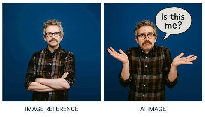 Side-by-side comparison of two photos against a blue background. The left image, labelled "IMAGE REFERENCE," shows a man with curly hair, glasses, and a moustache, wearing a dark plaid shirt and standing with arms crossed. The right image, labelled "AI IMAGE," shows much the same man in a similar shirt, but with a more exaggerated pose—arms outstretched in a shrug, with a speech bubble above his head saying, "Is this me?" The features of the AI generated image are very similar to the photo, but there are subtle differences.