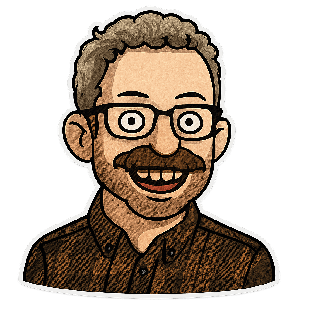 Cartoon-style sticker illustration of a smiling man with curly hair, glasses, a large moustache, and a brown plaid shirt. The character has exaggerated wide eyes and a cheerful expression, outlined in white with a transparent background for a sticker effect.