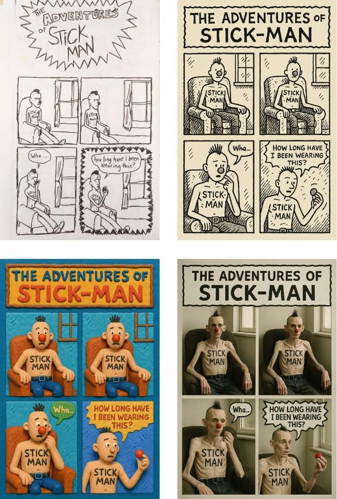 A 2x2 grid showing four versions of a comic titled "The Adventures of Stick-Man," each in a different artistic style. All feature a character with a mohawk, sitting in a chair, wearing a shirt labelled "STICK MAN", and saying “Wha...” followed by “How long have I been wearing this?”
Top left: a rough pencil sketch version.
Top right: a clean black-and-white ink drawing with bold lines.
Bottom left: a colourful 3D claymation-style version.
Bottom right: a realistic AI-generated photo version of the same scene.