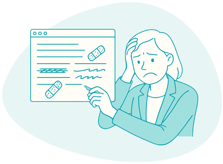 tweaking-450 Illustration of a stressed woman editing a website, with a floating browser window showing crossed-out text, squiggly corrections, and two band-aids, in a minimalist teal line art style.