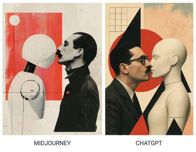 Side-by-side comparison of two surreal, vintage-style illustrations showing a man kissing a humanoid robot.
Left panel (labelled “MIDJOURNEY”): a pale robot with simple circular features faces a man in a black high-collared coat. They touch lips in profile against a minimalistic red and cream background with geometric shapes and sketch lines.
Right panel (labelled “CHATGPT”): a suited man with glasses kisses a sleek, faceless robot head. The background features abstract geometric elements—triangles, circles, and a grid—in a retro colour palette of beige, red, and black with a textured finish.