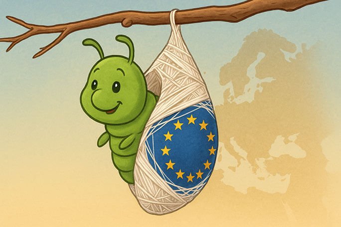 A cheerful green caterpillar peeks out of a cocoon hanging from a tree branch. The cocoon is partially wrapped in white silk and features the European Union flag on its surface. In the background, a faded map of Europe is visible against a soft, gradient sky.
