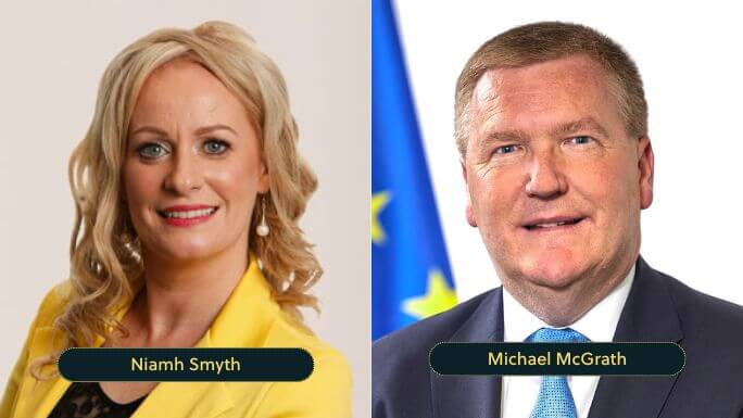 Side-by-side portraits of two individuals: on the left, Niamh Smyth, a woman with long blonde hair wearing a yellow blazer and pearl earrings, smiling at the camera; on the right, Michael McGrath, a man in a dark suit and blue tie standing in front of a background with an EU flag, also smiling. Their names are displayed in nameplates below their images.