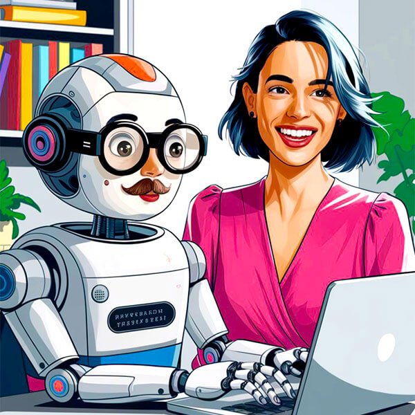 aisps-600 Smiling woman in a pink top sitting beside a friendly robot with glasses and a moustache, both looking at a laptop in a colourful, cartoon-style office setting.