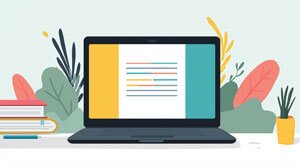 Illustration of a laptop displaying a document, surrounded by plants and books on a desk in a clean, minimalist workspace.