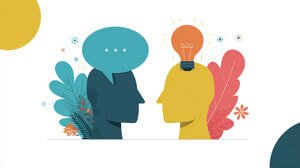 Abstract illustration of two human profiles—one with a speech bubble and the other with a lightbulb above the head—symbolising communication and persuasion, surrounded by decorative leaves and shapes.