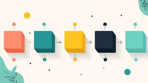 Stylised illustration of five colourful blocks arranged in a horizontal sequence with arrows between them, representing a step-by-step process or workflow, surrounded by abstract decorative elements.