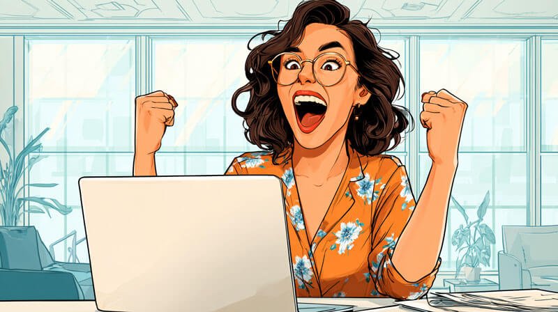 triumphant-800 Illustrated woman with curly hair and glasses celebrating in front of her laptop with raised fists and a joyful expression, sitting in a bright modern office while wearing a floral orange blouse.