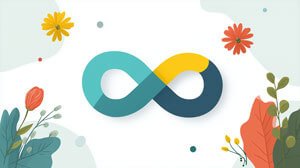 Colourful infinity symbol in teal, yellow, and navy tones, surrounded by illustrated flowers and foliage, representing unlimited use.