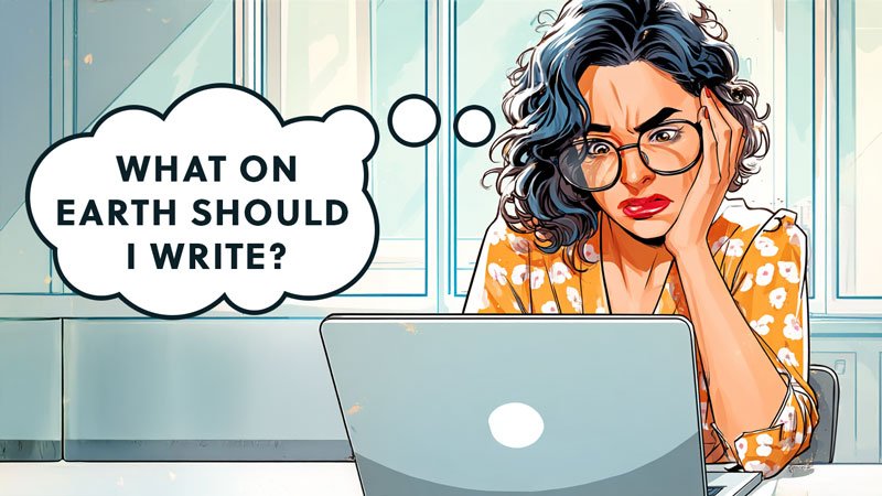 what-should-i-write-800 Frustrated woman with curly hair and glasses staring at her laptop, thinking “What on earth should I write?” in a cartoon-style office setting.