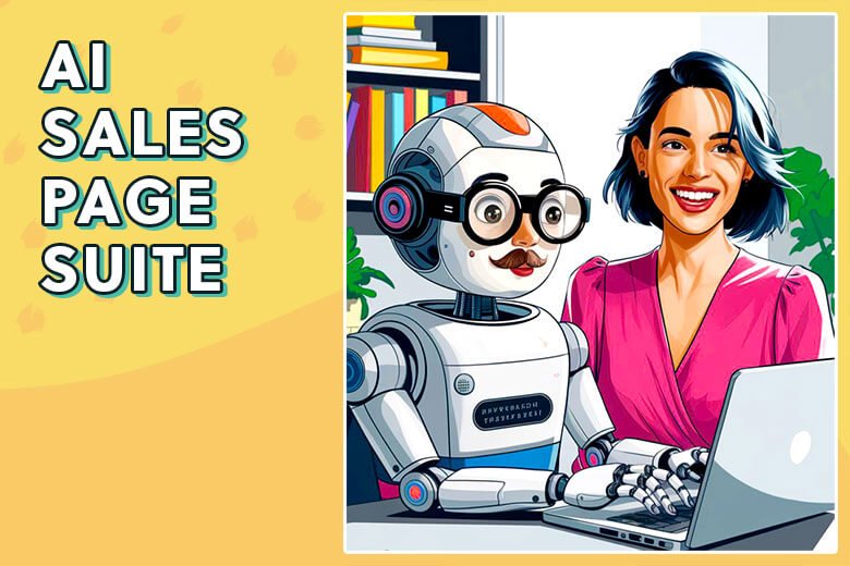 colourful illustration featuring a smiling woman in a pink top sitting beside a friendly robot with glasses and a moustache, both working on a laptop, with text on the left reading “AI Sales Page Suite” against a yellow background.