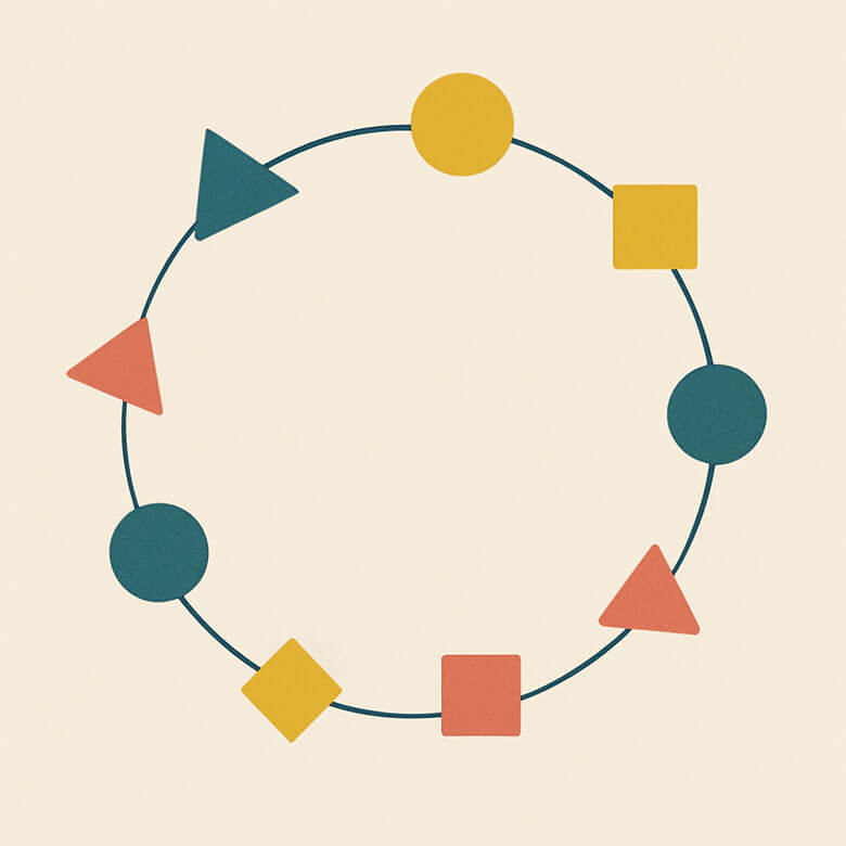 minimalist geometric illustration showing a circle formed by connected shapes including triangles, circles, squares, and diamonds in teal, yellow, and red, symbolising collaboration and interconnected systems.