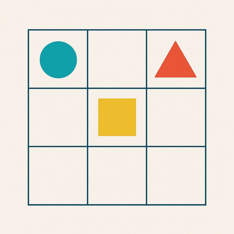 minimalist geometric illustration showing a 3×3 grid containing a teal circle, red triangle, and yellow square arranged in separate cells on a light beige background, symbolising structure and frameworks.