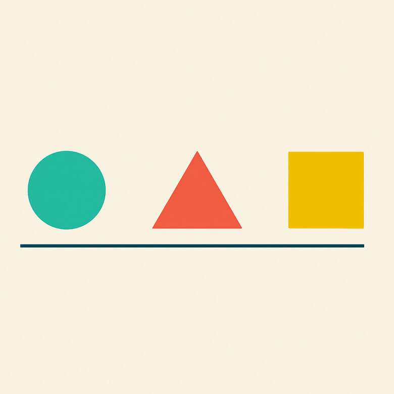 minimalist geometric illustration showing a green circle, red triangle, and yellow square aligned above a dark horizontal line on a light beige background, symbolising order and balance.