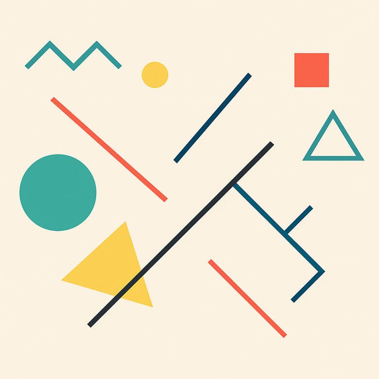minimalist geometric illustration depicting chaos and randomness, featuring scattered shapes including lines, circles, triangles, and squares in teal, yellow, red, and dark blue on a light beige background.