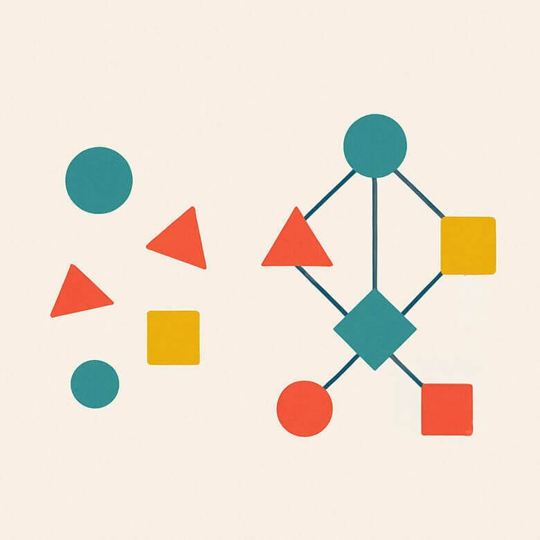 minimalist geometric illustration showing unconnected shapes on the left and interconnected shapes on the right, including circles, triangles, squares, and a diamond in teal, red, and yellow, symbolising the shift from disorder to structured systems.