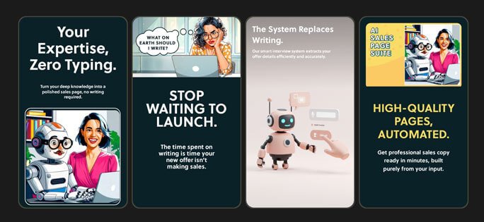 Four promotional panels describing the AI Sales Page Suite, featuring illustrated characters, bold headlines, and messaging about reducing writing time and automating high quality pages.