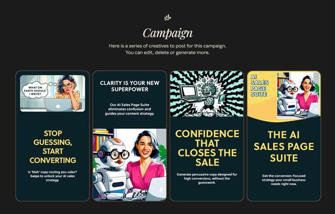 Series of campaign creatives promoting the AI Sales Page Suite, showing illustrated images and headlines about clarity, confidence, and conversion focused sales copy.