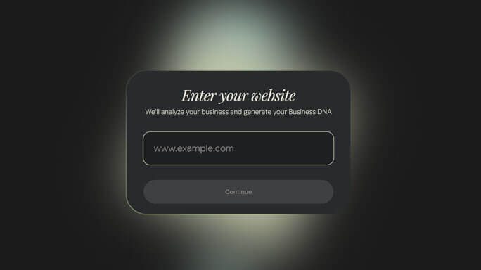 Dark themed screen prompting users to enter their website URL so the system can analyse the business and generate its Business DNA.