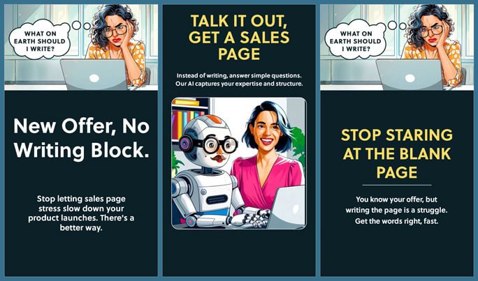 Three promotional panels encouraging users to speak about their offer instead of writing it, featuring an illustrated woman at her laptop and a robot alongside bold headlines about removing writing block.