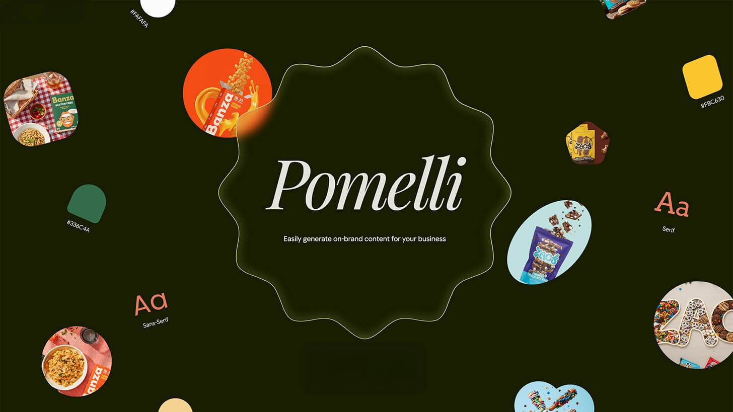 pomelli-1456 Pomelli landing graphic showing the Pomelli logo centred on a dark background, surrounded by floating brand elements such as product photos, colour swatches, and font samples to illustrate on brand content generation.