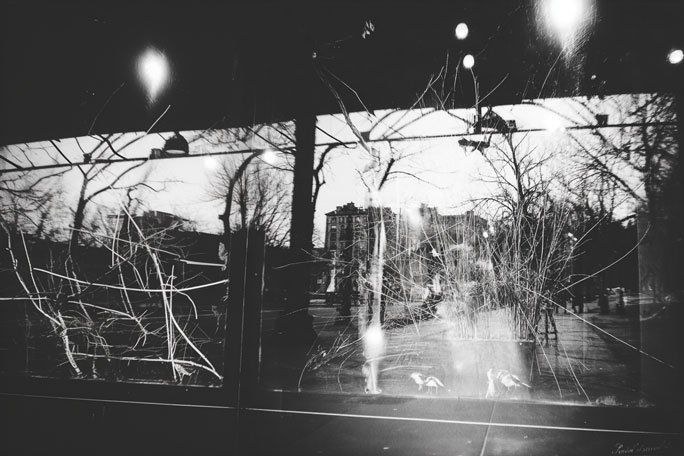 Black-and-white photograph seen through scratched glass, showing a park with leafless trees, a paved path, and a distant building, overlaid by bright reflections and streaking scratches that partially obscure the scene.