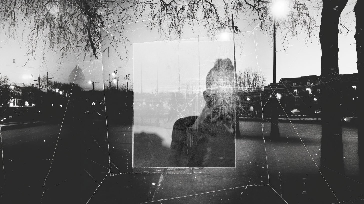 expanded-album-art Black-and-white composite scene at dusk showing a silhouetted figure centered within a translucent rectangular frame, overlaid on an urban park or riverside setting with bare tree branches, streetlights, and distant buildings. Scratches and cracks across the image create a distressed, fragmented effect, making the figure appear partially obscured and ghostlike against the city background.