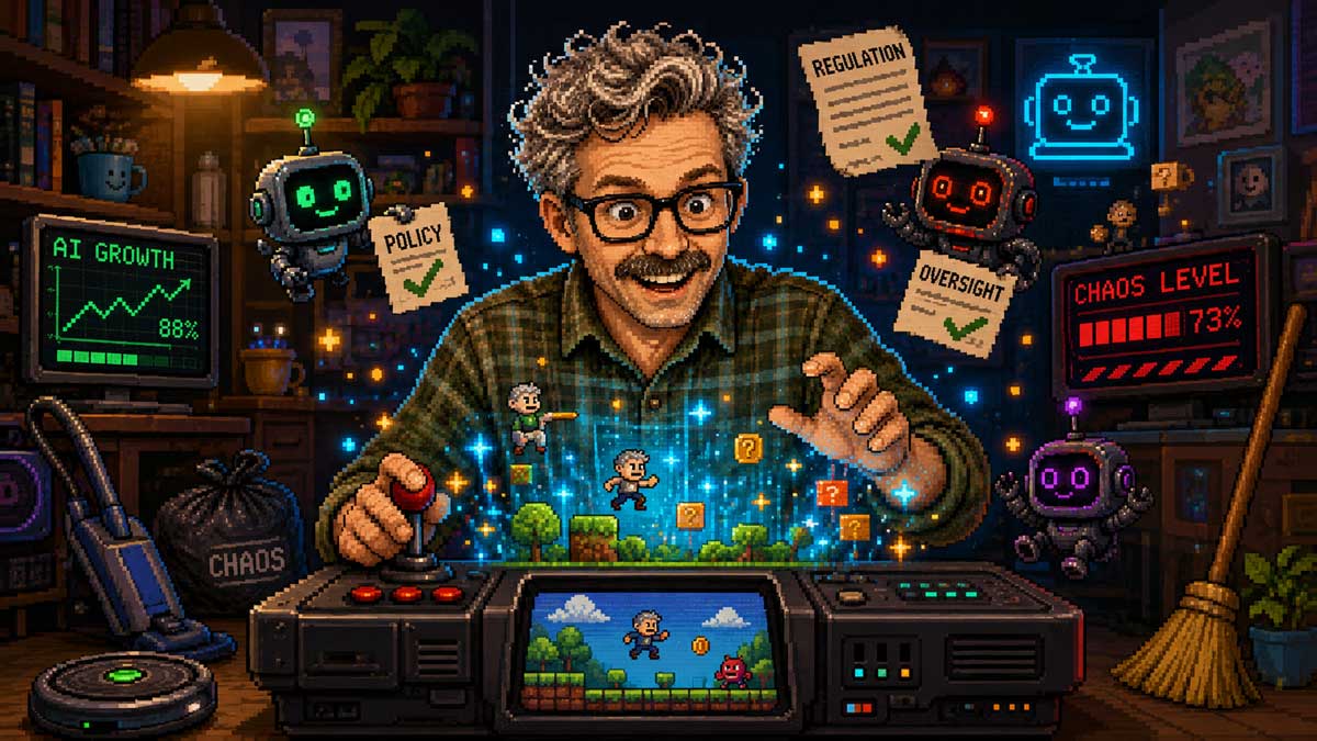 featured-image Pixel-art scene of a smiling man using a retro game console to manage glowing platform-game characters, surrounded by friendly robots holding Policy, Regulation, and Oversight papers, with screens showing AI Growth 88% and Chaos Level 73%.