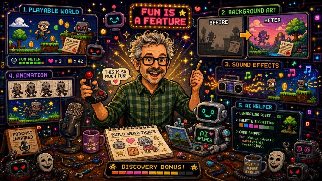 Pixel-art collage showing a smiling man building a retro-style game while panels highlight playable worlds, improved background art, animation, sound effects, and AI helpers. Bright arcade visuals and “Fun Is a Feature” emphasize creativity, experimentation, and playful design.
