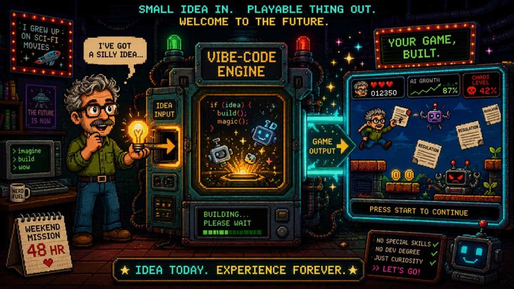 Pixel-art scene of a man feeding a glowing lightbulb idea into a “Vibe-Code Engine” that turns it into a playable retro game. Screens show AI Growth 87% and Chaos Level 42%, alongside messages promoting curiosity over coding skills or degrees.