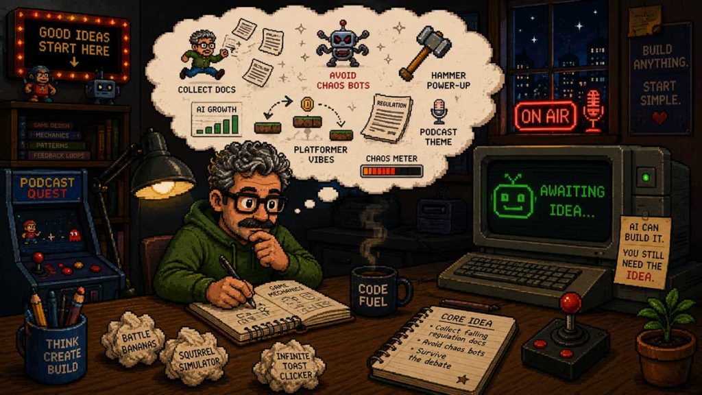 Pixel-art scene of a man brainstorming game ideas at a desk while a computer displays “Awaiting Idea.” Thought bubbles show platformer mechanics, AI growth charts, regulation papers, chaos bots, and podcast themes, emphasizing creativity and idea development over coding.