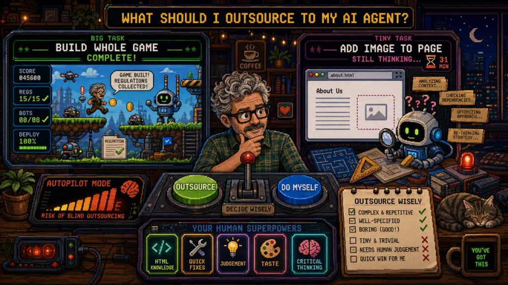 Pixel-art infographic comparing AI tasks to outsource versus tasks to handle personally. A completed game project appears beside an AI struggling with a tiny webpage edit, while checklists highlight outsourcing repetitive work and keeping judgment, taste, and critical thinking human.