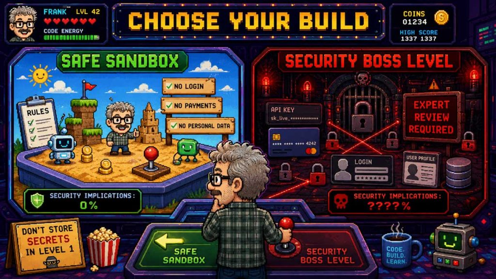 Pixel-art game-style screen comparing a “Safe Sandbox” build with no login, payments, or personal data against a dangerous “Security Boss Level” filled with API keys, locks, and user data, emphasizing that beginner AI projects should avoid sensitive systems and secrets.