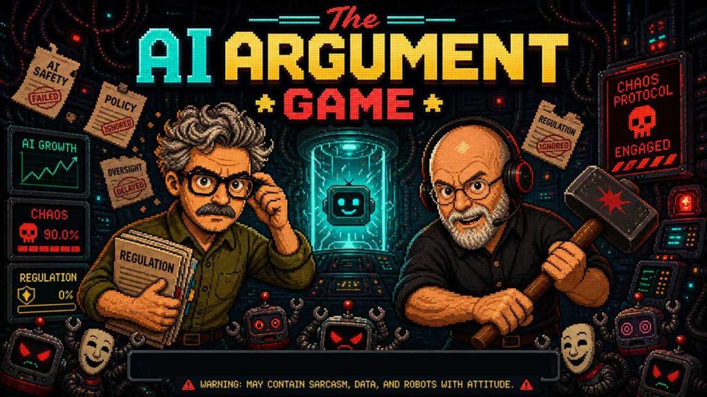 Pixel-art poster titled “The AI Argument Game” showing two men debating AI regulation in a chaotic arcade-style control room. One holds regulation documents while the other grips a hammer beside warning screens showing AI growth, ignored oversight, and chaos protocol engaged.